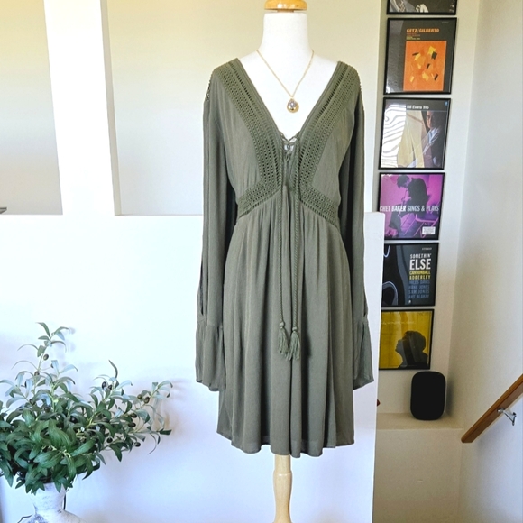 TORRID Mini Gauze Lace-Up Skater Dress Olive Green 4X - Picture 3 of 14